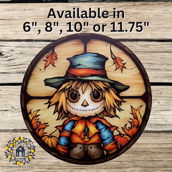 Button Eye Scarecrow Metal Sign: Fall Wreath Decor