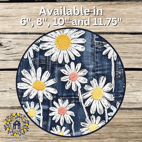 Denim Daisy Wreath Sign: Embroidered Floral Door Decor, Rustic Farmhouse