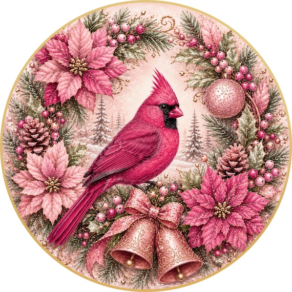 Pink Cardinal Wreath Sign, Poinsettia Holiday Decor, Cardinal Wreath Attachment
