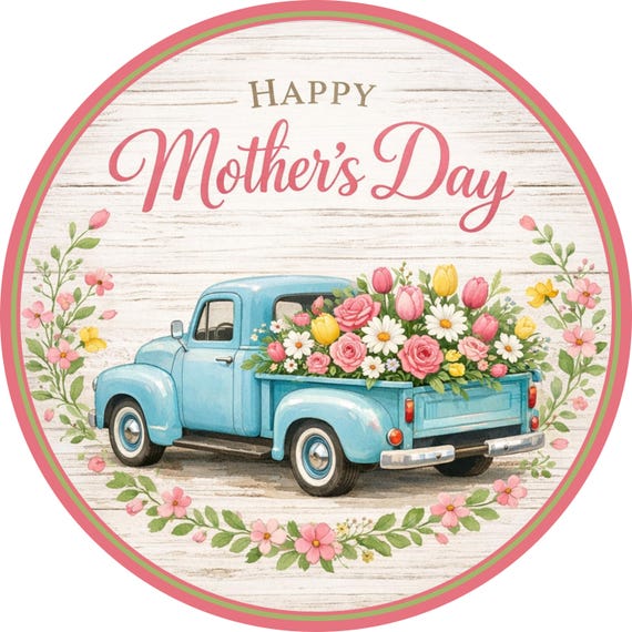 Happy Mother’s Day Sign: Vintage Blue Truck Wreath Sign, Floral Farmhouse Door Hanger