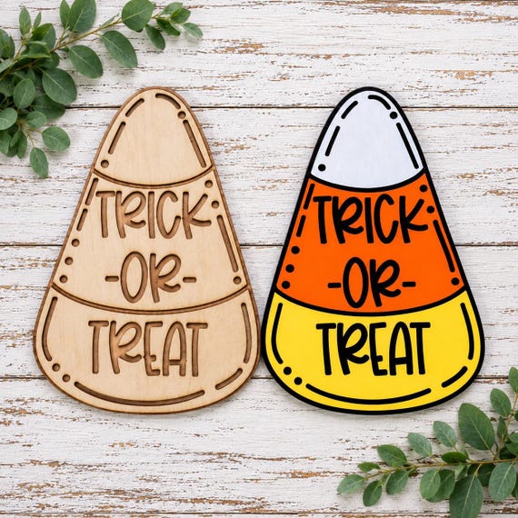 Candy Corn Wreath Attachment, Trick or Treat Wood Sign, Halloween Wreath Decor, DIY Wood Craft, Fall Door Decor