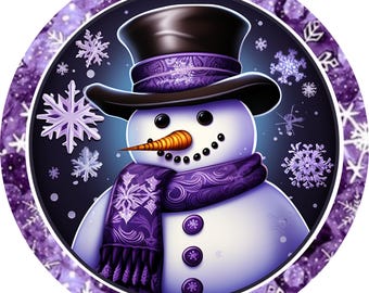 May include: A whimsical snowman illustration in a circular design. The snowman wears a black top hat and a purple scarf with snowflake patterns. It has a carrot nose, black coal eyes, and button details. The background features snowflakes and a purple border.