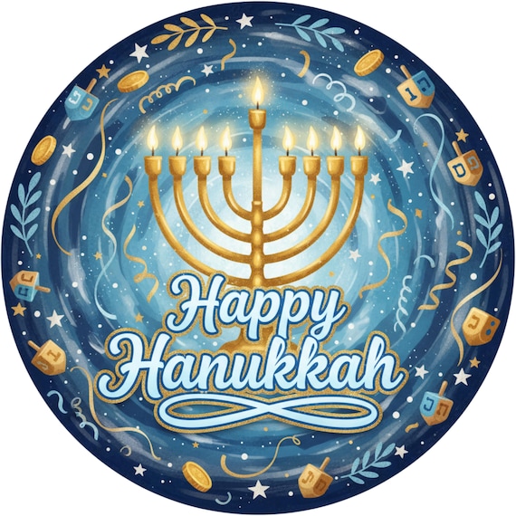 Happy Hanukkah Sign: Holiday Wreath Sign, Blue Menorah Decor
