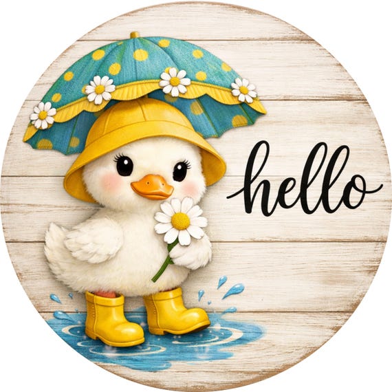 Hello Duckling Wreath Sign: Spring Door Hanger, Farmhouse Umbrella Decor, Yellow Boots Nursery Art