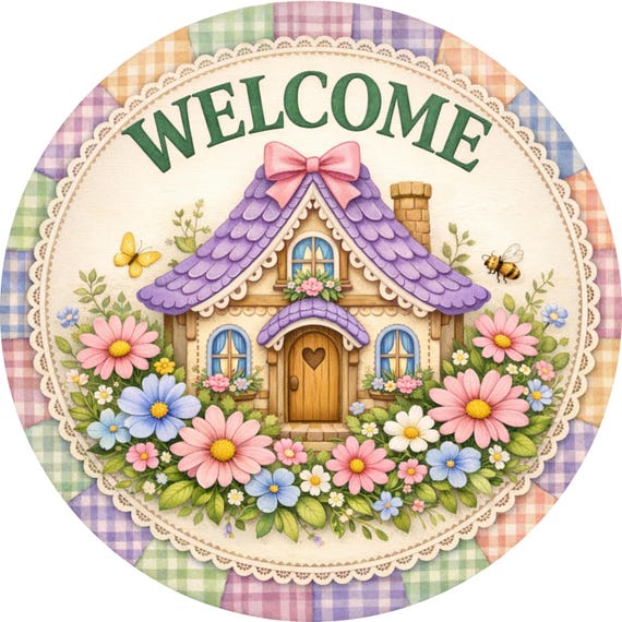 Welcome Cottage Sign: Pastel Floral Door Hanger, Whimsical Spring Wreath Sign