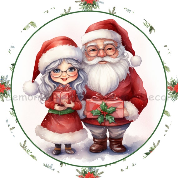 Santa & Mrs. Claus Christmas Wreath Sign: Aluminum Holiday Decor