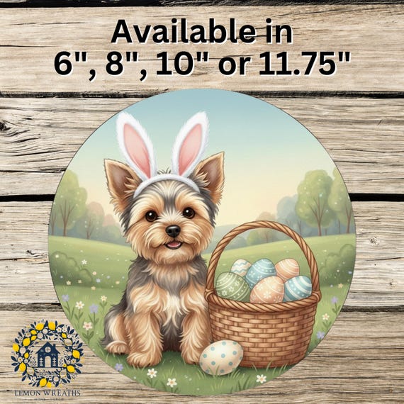 Easter Yorkie Wreath Sign: Bunny Ear Puppy, Pastel Easter Egg Spring Decor