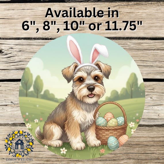 Easter Schnauzer Wreath Sign: Bunny Ear Puppy, Pastel Easter Egg Spring Decor