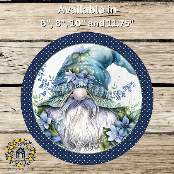 Blue Floral Gnome Wreath Sign: Navy Polka Dot Decor, Garden Farmhouse Gift