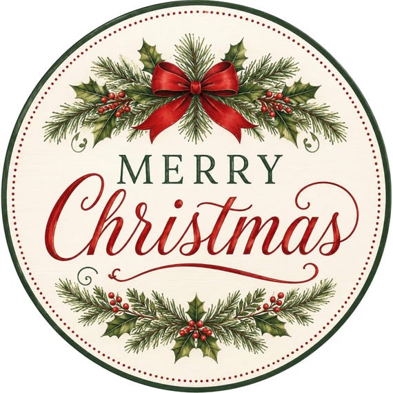 Merry Christmas Sign, Classic Holiday Wall Decor, Farmhouse Christmas, Evergreen Wreath Sign