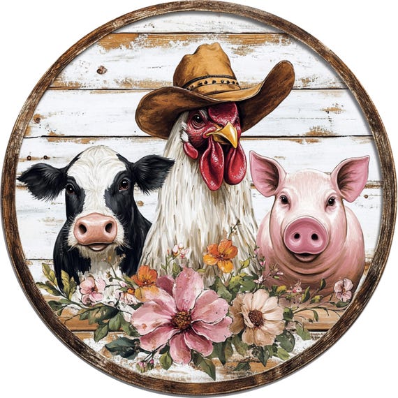 Country Farm Friends Wreath Sign: Rustic Cow Chicken Pig Door Decor