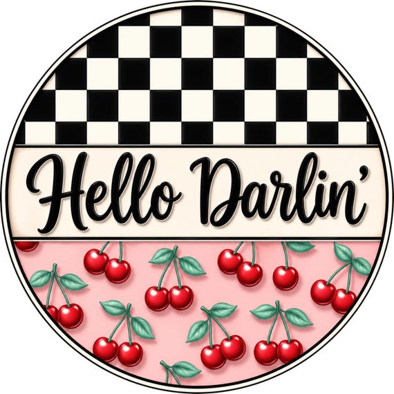 Hello Darlin Cherry Sign: Retro Farmhouse Door Hanger, Summer Wreath Decor