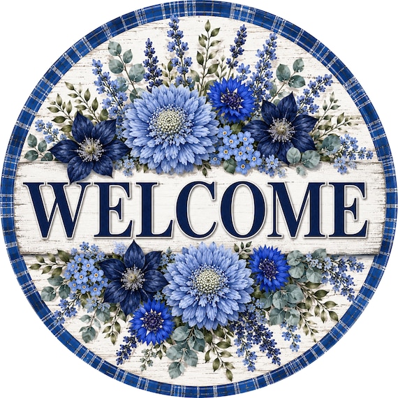 Welcome Wreath Sign, Blue Floral, Front Door Decor, Everyday Wreath Sign