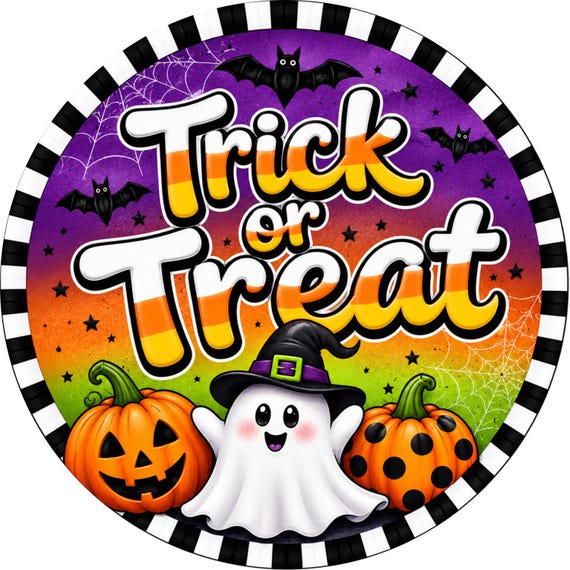 Trick or Treat Halloween Sign: Ghost Wreath Attachment, Halloween Decor, Spooky Porch Sign