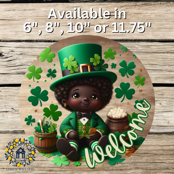 Welcome Leprechaun Wreath Sign: St Patricks Day Door Hanger, African American Leprechaun
