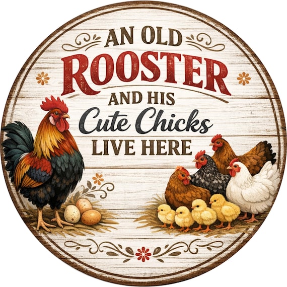 Rooster Chicks Farmhouse Wreath Sign: Rustic Country Home Decor Attachment