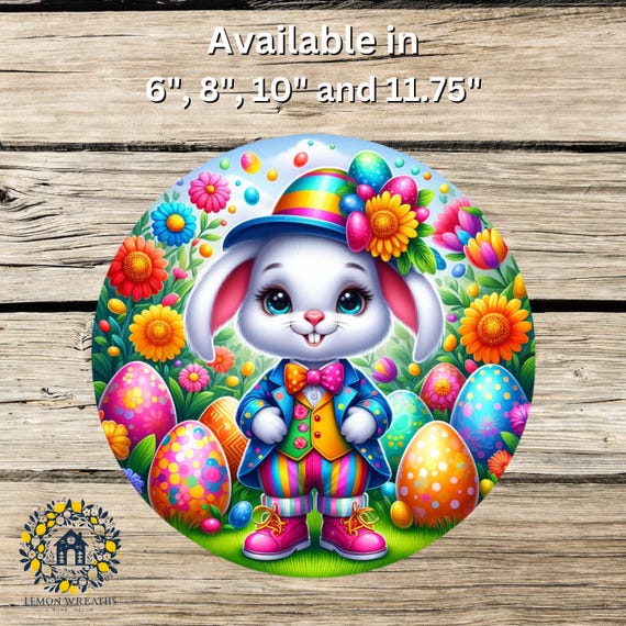 Rainbow Easter Bunny Wreath Sign: Colorful Spring Rabbit Door Hanger, Bright Floral Egg Decor