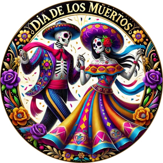 Día de los Muertos Wreath Sign: Dancing Sugar Skull Couple, Colorful Decor