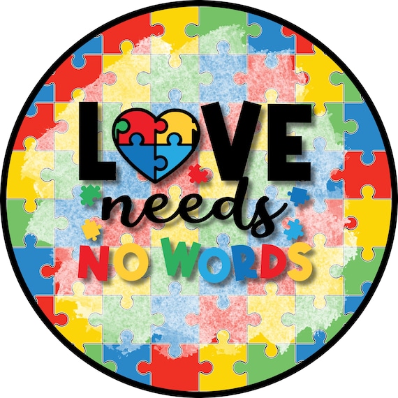 Love Needs No Words Wreath Sign: Autism Awareness Door Hanger, Colorful Puzzle Piece Decor