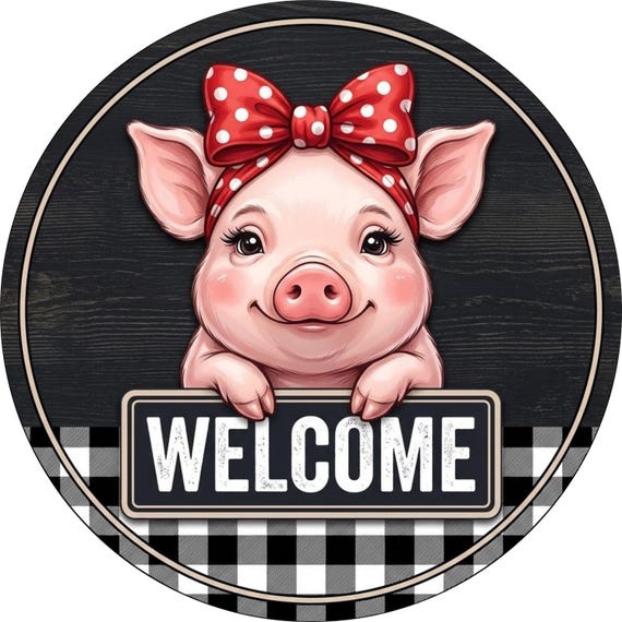 Pig Welcome Sign: Farmhouse Door Hanger, Black White Check Decor