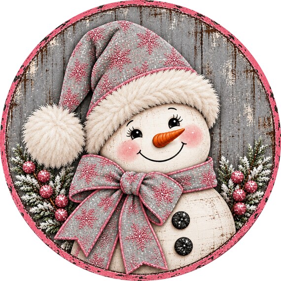 Snowman Wreath Sign, Winter Sign, Round Metal Sign, Snowflake Decor, Sublimation Sign