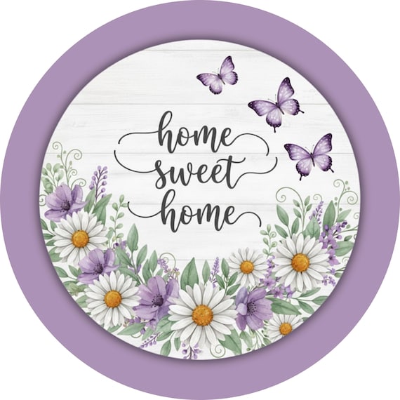 Home Sweet Home Wreath Sign: Purple Butterfly Floral, Spring Farmhouse Door Decor
