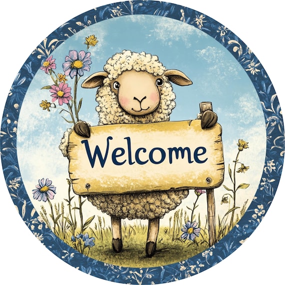 Sheep Welcome Sign: Farmhouse Lamb Door Hanger, Rustic Floral Decor