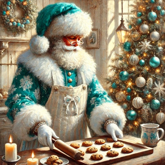 Teal Baking Santa Christmas Sign: Whimsical Holiday Decor