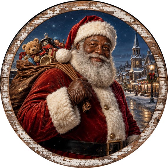 African American Santa Sign, Black Santa Christmas Wreath Sign, Rustic Santa Door Hanger, Farmhouse Holiday Decor, Vintage Christmas Sign