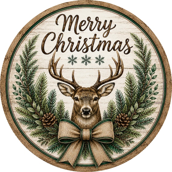 Merry Christmas Deer Sign, Rustic Holiday Decor, Farmhouse Decor, Evergreen Wreath Sign