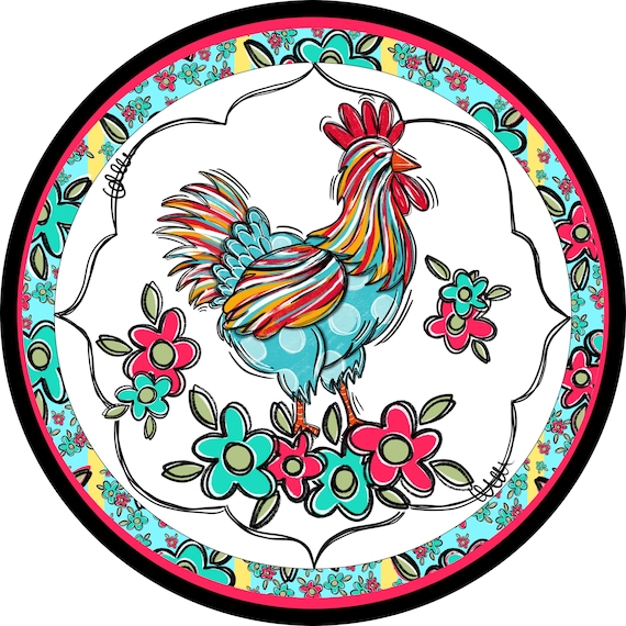 Colorful Rooster Farm Sign: Whimsical Chicken Door Hanger, Country Floral Farmhouse Decor