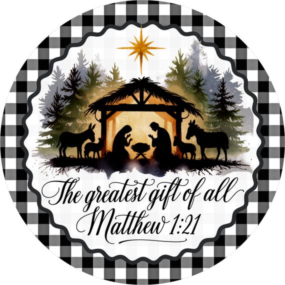 The Greatest Gift of All Nativity Sign, Matthew 1:21 Christmas Sign, Christian Wreath Sign, Buffalo Plaid Decor