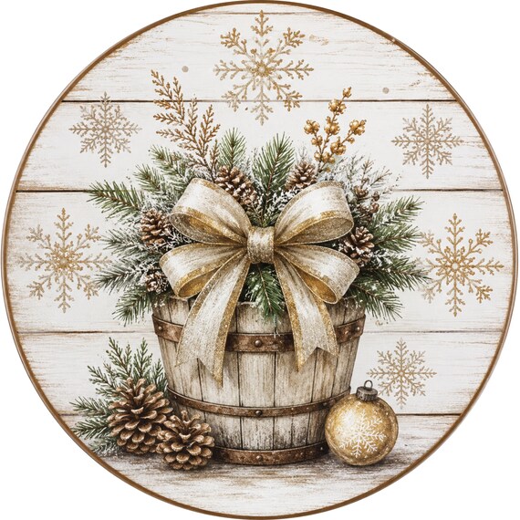 Rustic Christmas Planter Sign, Neutral Holiday Decor, Gold Bow Winter, Farmhouse Wreath Sign