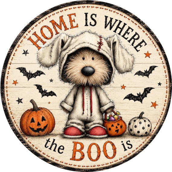 Home Is Where Boo Is Sign: Cute Halloween Dog, Pumpkin Decor, Wreath Sign