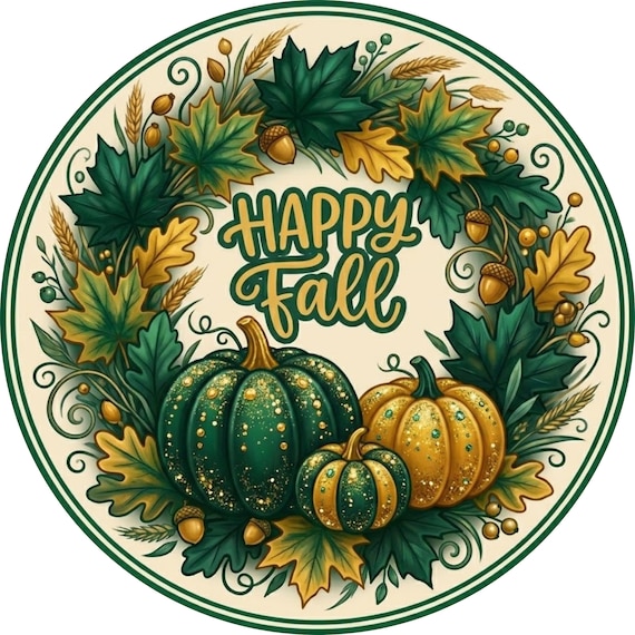 Happy Fall Wreath Sign: Green & Gold Pumpkin, Fall Wreath Attachment, Thanksgiving Sign