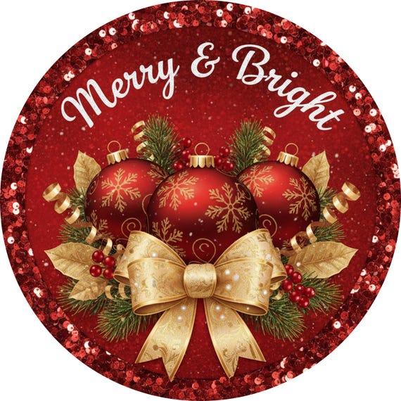 Merry & Bright Wreath Sign: Red Ornaments, Winter Door Decor