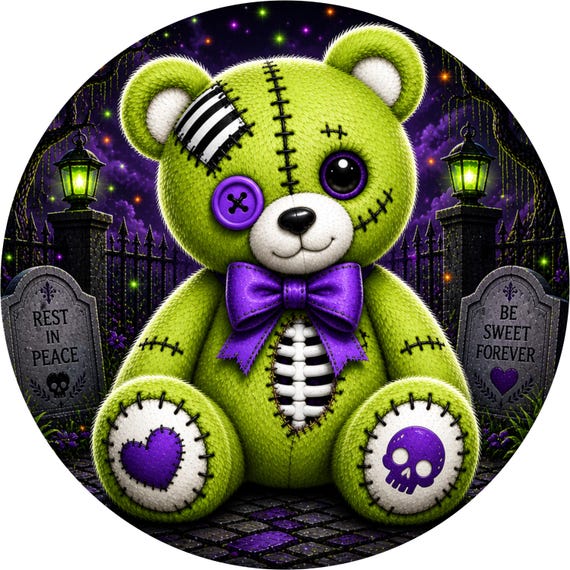 Halloween Bear Sign: Cute Gothic Decor, Spooky Plush Wreath Accent