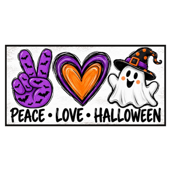 Peace Love Halloween Wreath Sign, Cute Ghost Witch Decor, Purple Orange Spooky Door Sign