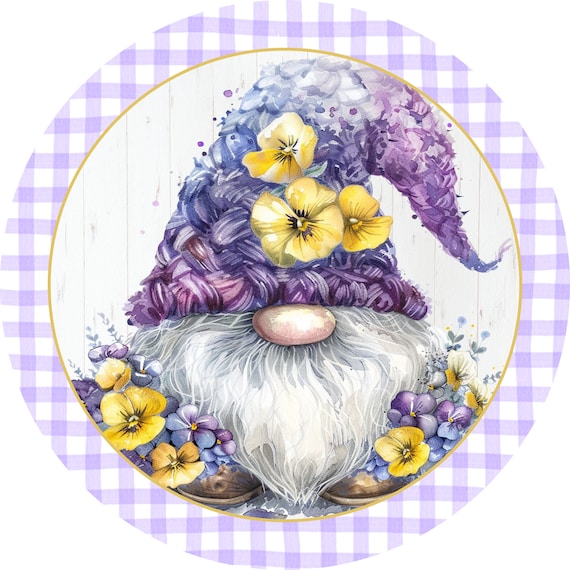 Floral Gnome Wreath Sign: Whimsical Purple Spring Summer Decor
