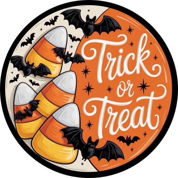 Trick Or Treat Wreath Sign: Candy Corn Halloween Bat Door Decor