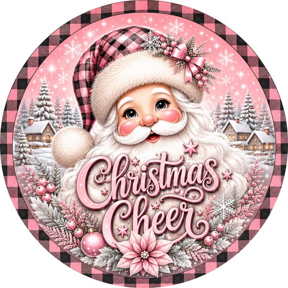 Christmas Cheer Sign: Pink Buffalo Plaid, Christmas Wreath Attachment, Pink Christmas Decor, Vintage Santa