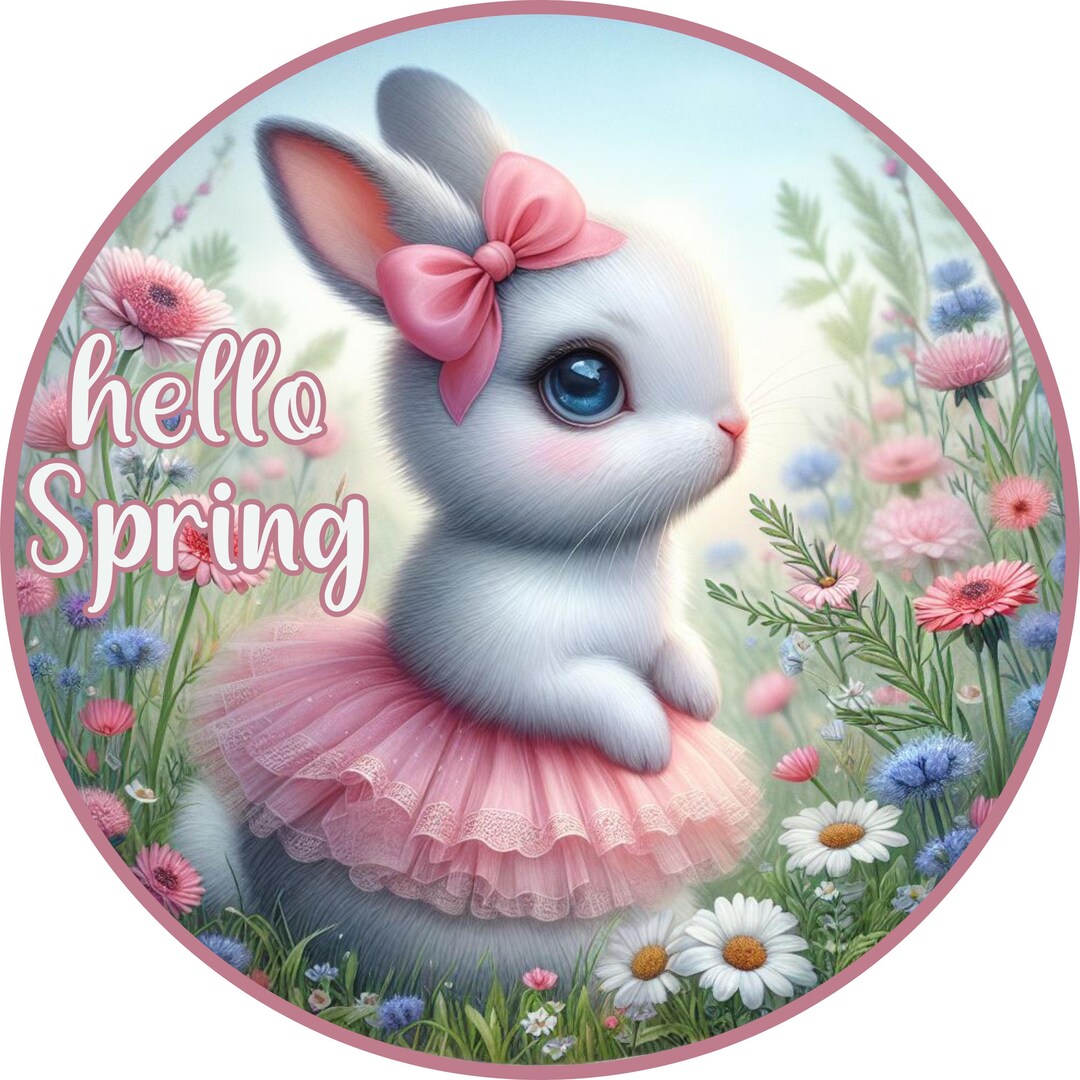 Hello Spring Bunny Metal Sign: Pink Tutu Rabbit Wreath Decor - Etsy