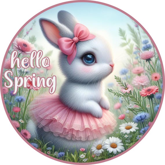 Hello Spring Bunny Metal Sign: Pink Tutu Rabbit Wreath Decor