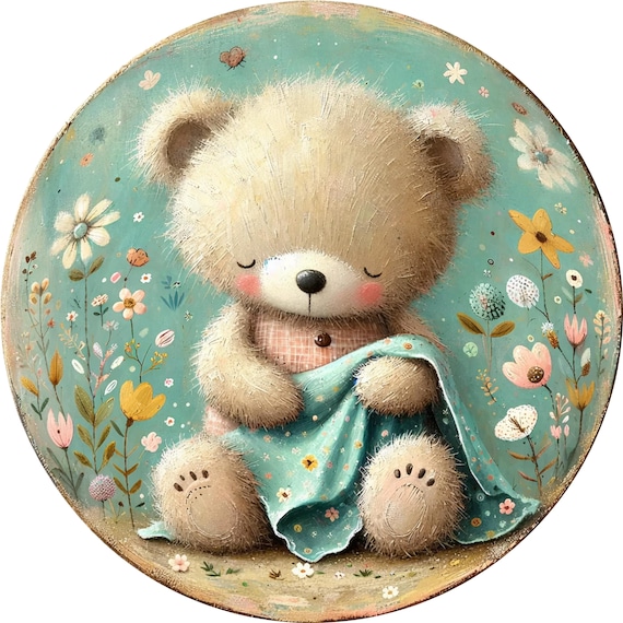 Sleeping Teddy Bear Wreath Sign: Vintage Nursery, Baby Shower Wreath Attachment