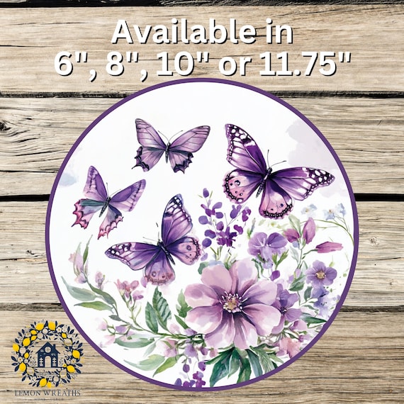Purple Butterfly Wreath Sign: Floral Wildflower Spring Door Hanger, Cottage Garden Porch Decor
