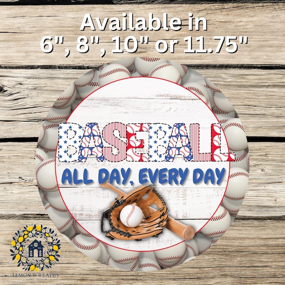 Baseball All Day Wreath Sign: Patriotic Sports Door Hanger, USA Stars Stripes Decor