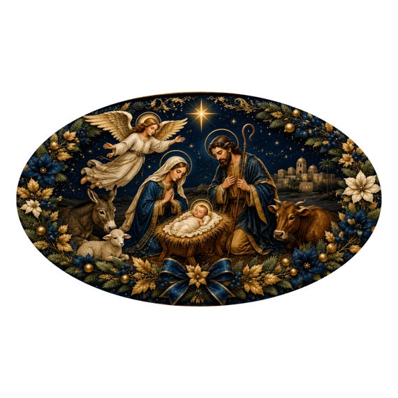 Holy Family Wreath Sign, Blue Gold Christmas Decor, Jesus Sign, Christmas Wreath Attachment