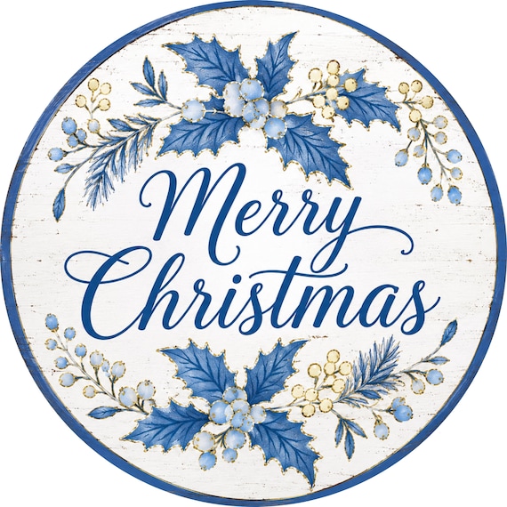 Merry Christmas Blue Holly Wreath Sign, Winter Door Decor, Elegant Holiday Floral Round Sign