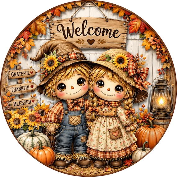 Welcome Scarecrow Couple Sign, Fall Farmhouse, Autumn Wreath Attachment, Rustic Door Hanger, Thanksgiving Decor