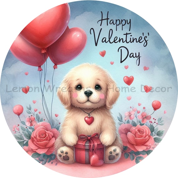 Puppy Valentine's Day Sign: Aluminum Dog Wreath Plaque